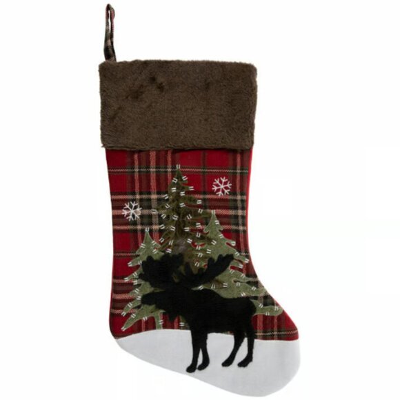 Plaid Moose Stocking With Faux Fur Stocking Christmas Fireplace Mantel Decor - Picture 1 of 3